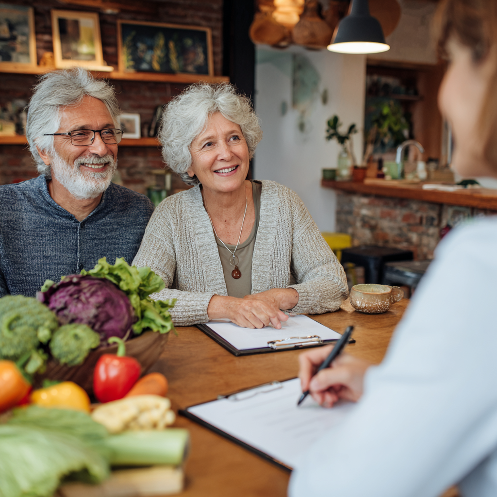 Older adults discussing nutrition planning with specialist in comfortable office setting